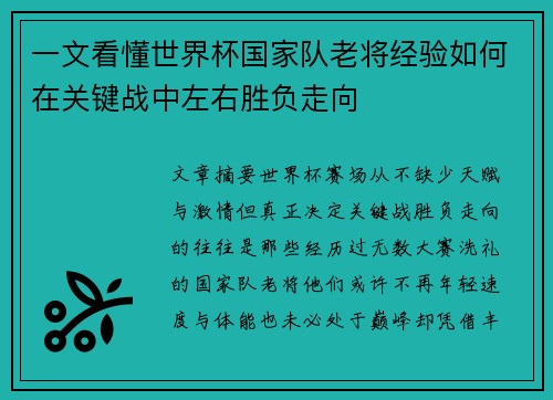 一文看懂世界杯国家队老将经验如何在关键战中左右胜负走向 一文看懂世界杯国家队老将经验如何在关键战中左右胜负走向