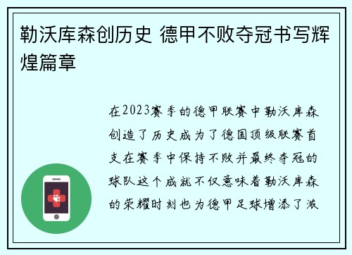 勒沃库森创历史 德甲不败夺冠书写辉煌篇章 勒沃库森创历史 德甲不败夺冠书写辉煌篇章